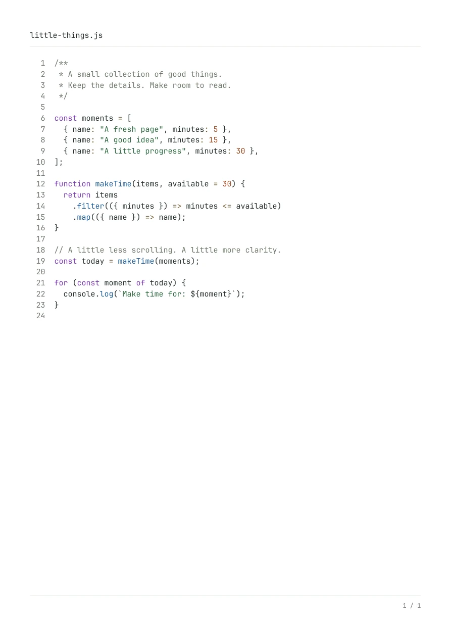 JS to PDF example: little-things.js with highlighted functions, comments and source line numbers on an A4 page