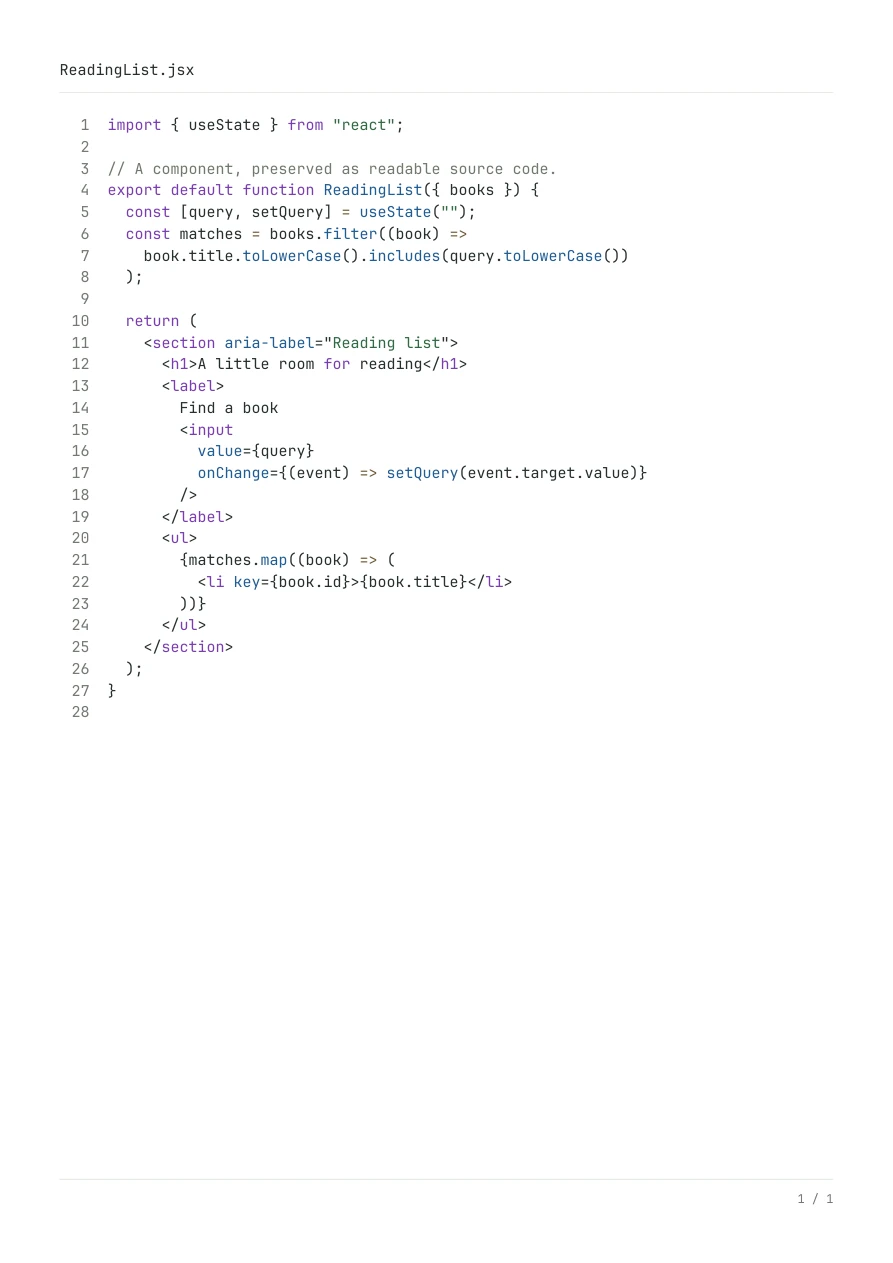 JSX to PDF example: ReadingList.jsx with component logic, JSX tags and expressions preserved as highlighted source