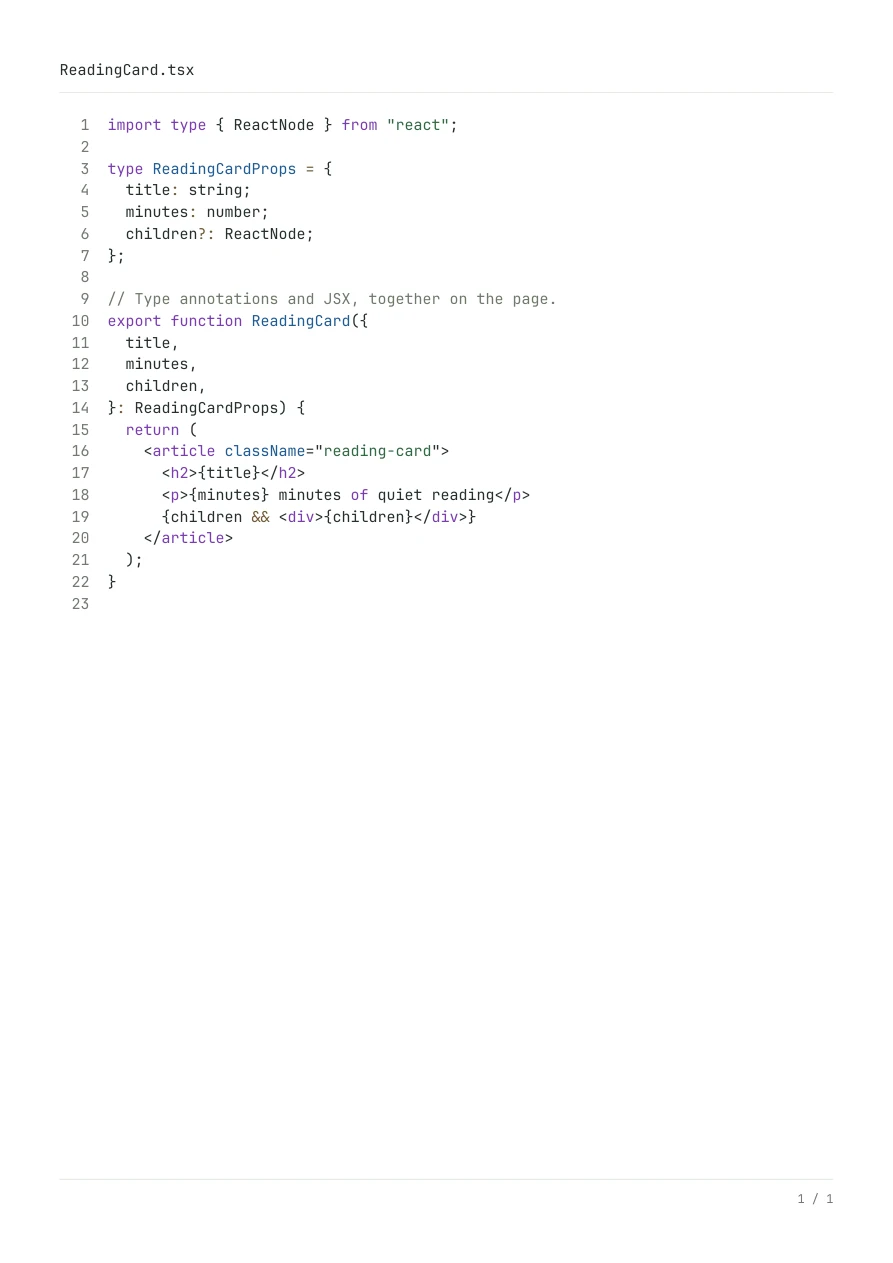TSX to PDF example: ReadingCard.tsx with typed props, optional ReactNode children and JSX in a searchable code document